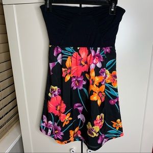 Roxy Strapless Floral Dress in Black with Bright Pink Orange Purple